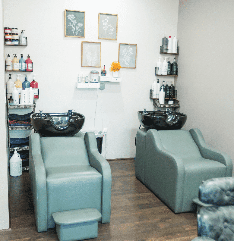 Salon wash area with two shampoo chairs, shelves of products, and framed botanical prints.